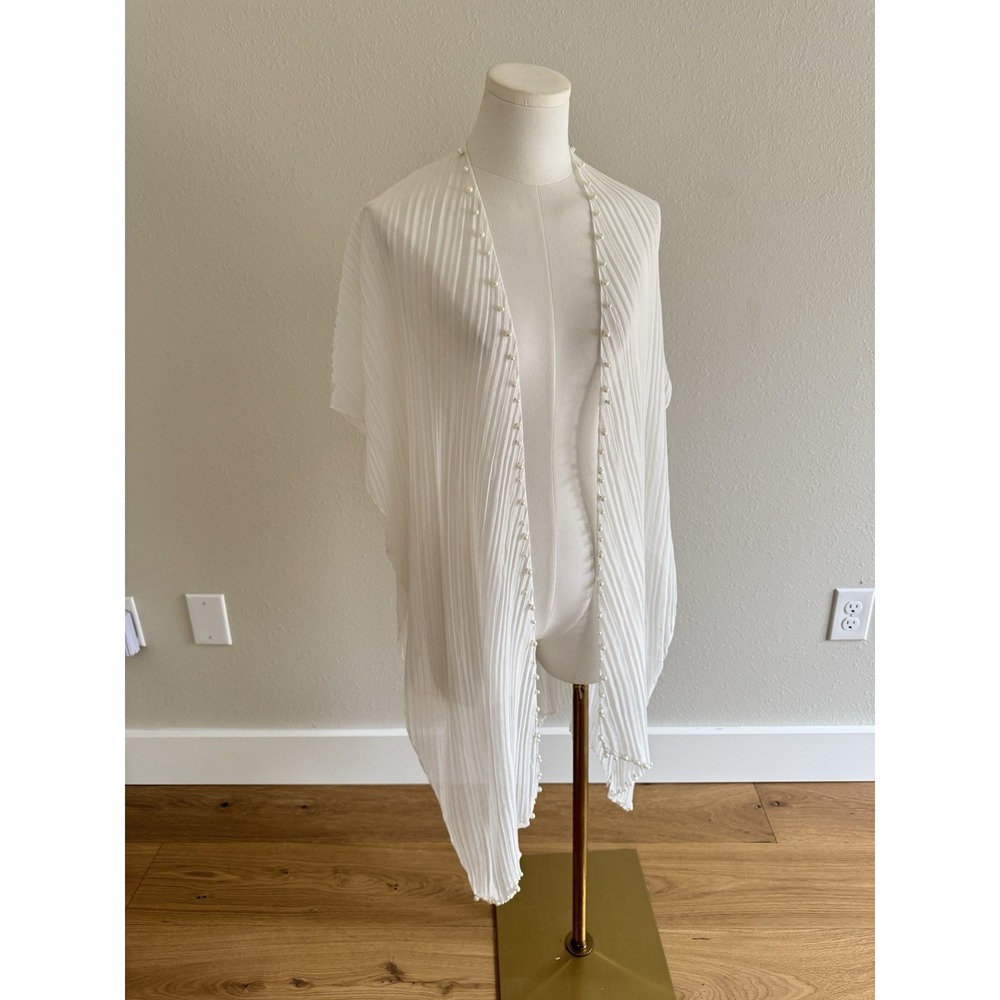 Sheer White Faux Pearl Trim Open Front Kimono Cardi Coverup OSFM Boho Beachy - Picture 6 of 6